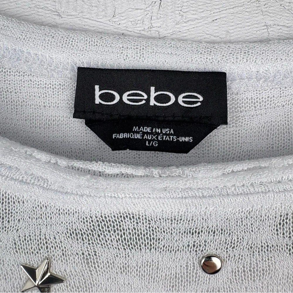 Bebe Womens Stars and Dots Studded White Tee Shirt Sz Large Gauze Fabric Raw Hem - Picture 3 of 8